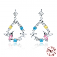 925 Sterling Silver Hummingbird Gift Colorful Cubic Zircon Stud Earrings for Women Sterling Silver Jewelry BSE011 EARR-0530