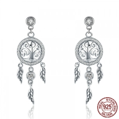 Fashion 925 Sterling Silver Tree of Life Dream Catcher Drop Earrings for Women Vintage Sterling Silver Jewelry SCE457 EARR-0523