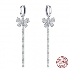 Authentic 925 Sterling Silver Elegant Tassel Bowknot Dazzling CZ Drop Earrings for Women Sterling Silver Jewelry SCE462 EARR-0521