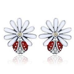 Authentic 925 Sterling Silver Daisy Flower Red Ladybug Stud Earrings for Women Fashion Earrings Jewelry Gift SCE459 EARR-0524