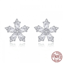 Authentic 925 Sterling Silver Winter Crystal Ice Flower Stud Earrings for Women Sterling Silver Earrings Jewelry SCE486 EARR-0552