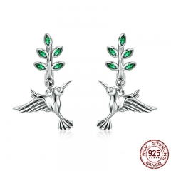 100% Genuine 925 Sterling Silver Hummingbirds Greetings Bird Stud Earrings for Women Fashion Earrings Jewelry SCE464 EARR-0569