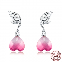 New Arrival 925 Sterling Silver Hope Wings Pink Crystal Heart Drop Earrings for Women Wedding Engagement Jewelry BSE015 EARR-0581