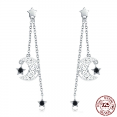 Trendy New 925 Sterling Silver Star And Moon Long Chain Drop Earrings for Women Black CZ Sterling Silver Jewelry SCE203 EARR-0586