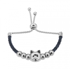 Stainless Steel Women Adjustable Black Leather Charm Bracelet SL015