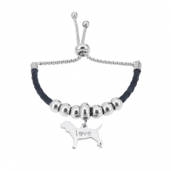 Stainless Steel Women Adjustable Black Leather Charm Bracelet SL012
